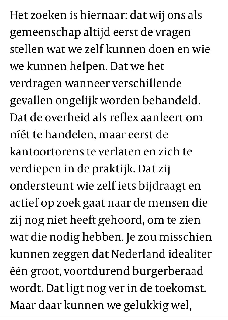 Mooie column van <a href="/KustawBessems/">Kustaw Bessems</a>: “Het herstelschandaal bewijst: een totaal andere kijk is nodig op de verhouding tussen overheid en samenleving. [..] Dat Nederland idealiter een groot, voortdurend burgerberaad wordt.” 
volkskrant.nl/columns-van-de…