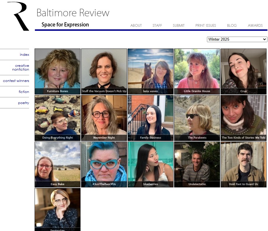 BaltimoreEditor's tweet image. Our winter 2025 issue is live! Thanks to all the writers who made this issue possible. And thanks to everyone on the BR staff and the winter contest final judge, Francine Witte. baltimorereview.org