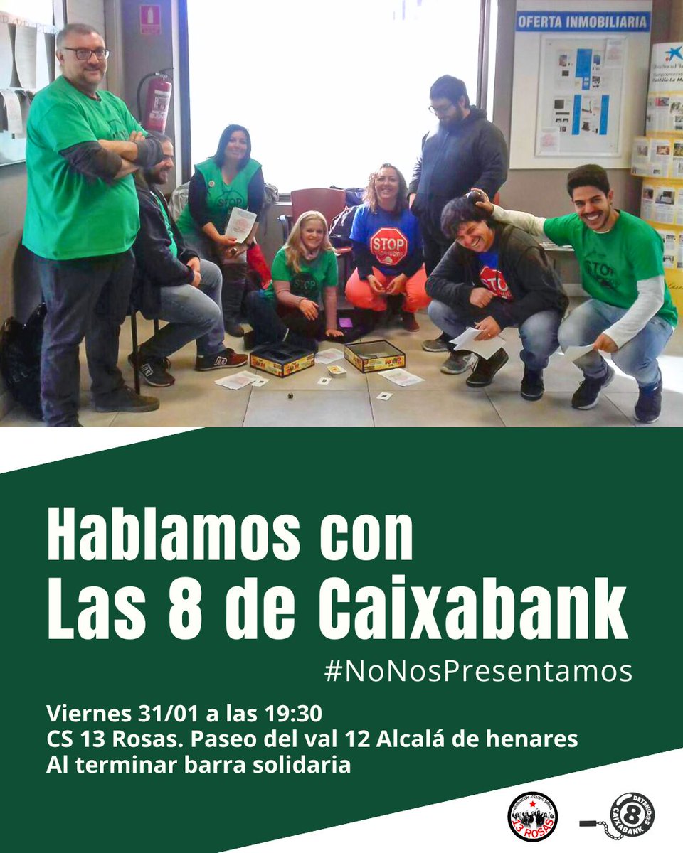 El próximo viernes nos acompañan en el Centro Social 13 Rosas 𝗹𝗮𝘀 𝟴 𝗱𝗲 𝗖𝗮𝗶𝘅𝗮𝗯𝗮𝗻𝗸, que podrían ser condenadas a 3 años y medio de prisión por la ocupación pacífica de una sucursal en 2017. El juicio comienza el 10 de febrero, pero #NoNosPresentamos.