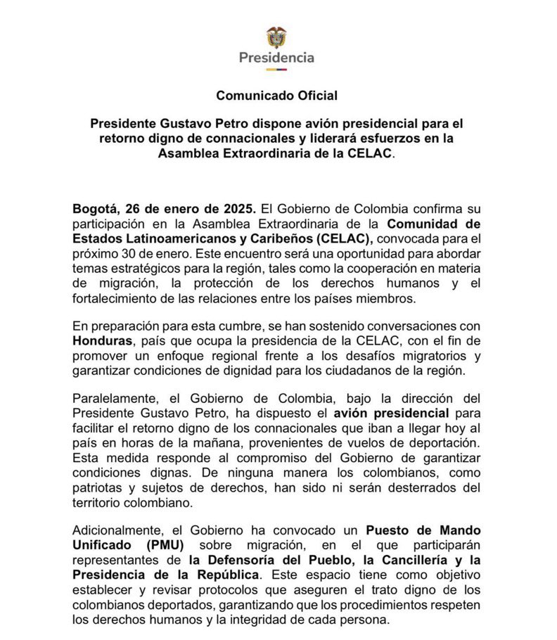 plumeliberte1's tweet photo. 📰 🗞 Le président colombien Gustavo Petro est revenu sur sa décision initiale et a désormais proposé de mettre à disposition son avion présidentiel pour faciliter le rapatriement des personnes expulsées des États-Unis. 1/2 https://t.co/HmDpUahu4g