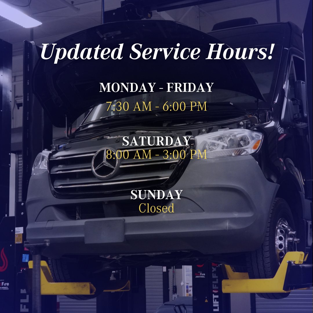 mbnovans's tweet photo. We’re updating our hours to better serve you! 🛠️ Starting Monday, our Service and Parts center will be open from 7:30 AM - 6:00 PM, Monday through Friday, with Saturday hours staying the same at 8:00 AM - 3:00 PM. 

Schedule your visit today ➡️ https://t.co/zmK5MFC30c #MBNOVans https://t.co/N8hmKw2RQA