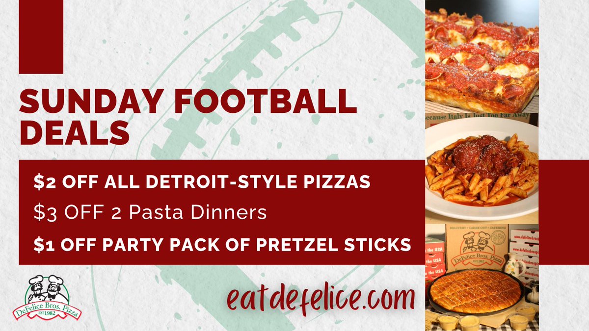 EatDefelice's tweet photo. Sitting at home watching football? 🏈
Don’t want to cook? 👨🏻‍🍳
We have you covered! 🍕🥨🍝 #eatdefelice https://t.co/txV54YOLYU