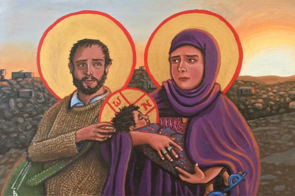 JamesMartinSJ's tweet photo. The @USCCB, Catholic bishops, priests and deacons, sisters and brothers, and lay men and women from around the world (including myself for two years in East Africa), help migrants and refugees not because the migrants and refugees are Catholics, though many of them are, especially along the US/Mexico border. And, pace, Vice President @JDVance, it's not for financial gain either, which is at best a laughable suggestion, at worst a lie (which is a sin, btw). The church cares for migrants and refugees because this is what Jesus asks us to do, when he says that to welcome the "stranger" is to welcome him (Mt 25). And, more pointedly, that to *not* welcome the stranger is to not welcome Jesus himself. That command may be personally challenging, difficult to carry out (as it almost always is, for individuals, communities and nations), or even threatening to your worldview, but let's be clear: you don't need a Ph.D. in New Testament studies to understand what Jesus is saying here. It's not rocket science. It's Christianity. 

Image: The Holy Family, by @KLICONS