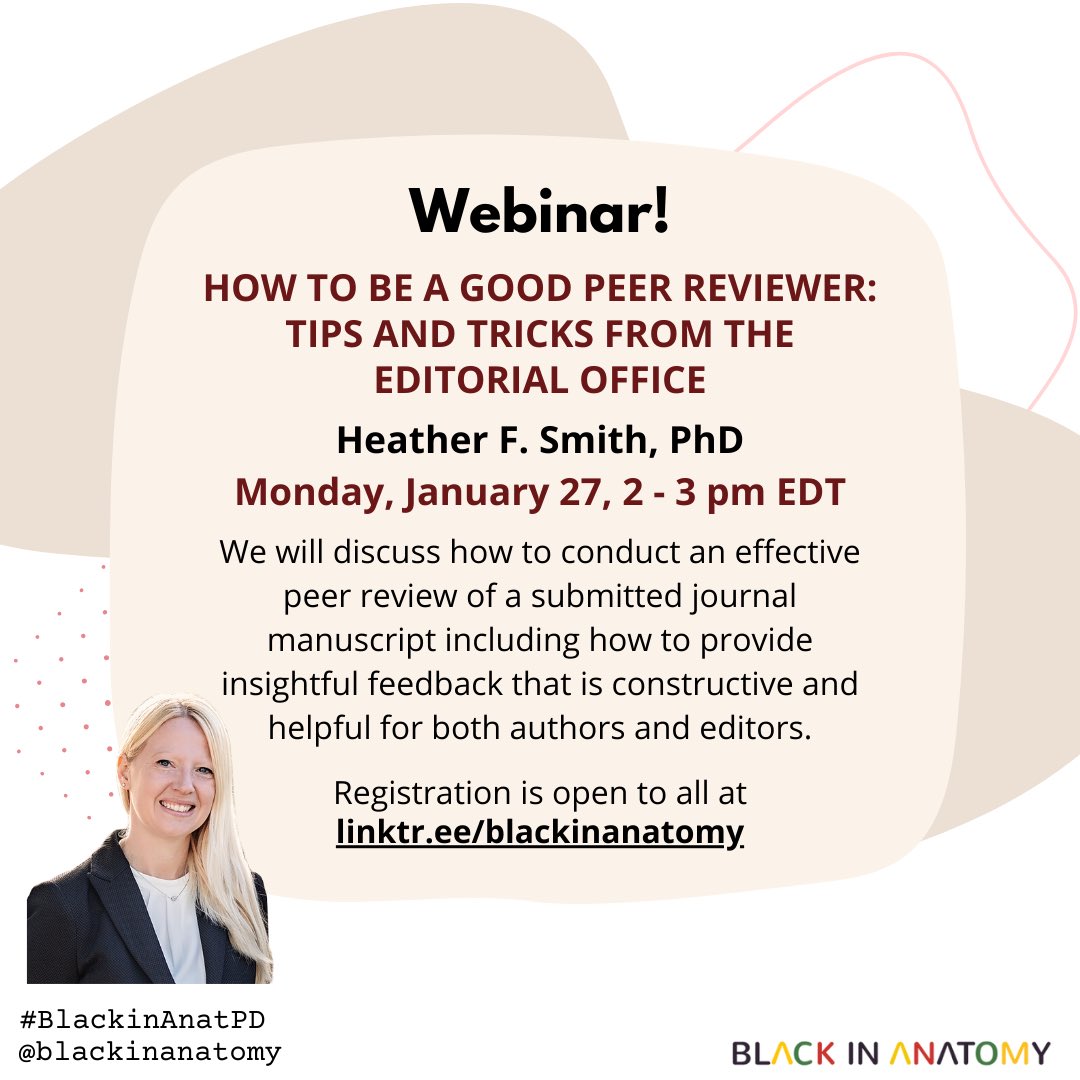 Monday, January 27 at 2 pm ET join us for a  #BlackinAnatPD seminar!

“How to be a Good Peer Reviewer: Tips and Tricks from the Editorial Office” by Dr. Heather F. Smith (<a href="/heatherfsmith/">Dr. Heather F. Smith</a>), Editor-in-Chief of The Anatomical Record

Open to all!

Register: umsystem.zoom.us/meeting/regist…