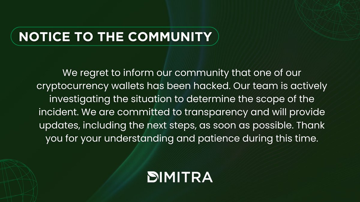 We regret to inform our community that one of our cryptocurrency wallets has  been hacked. Our team is actively investigating the situation to determine  the scope of the incident. We are committed