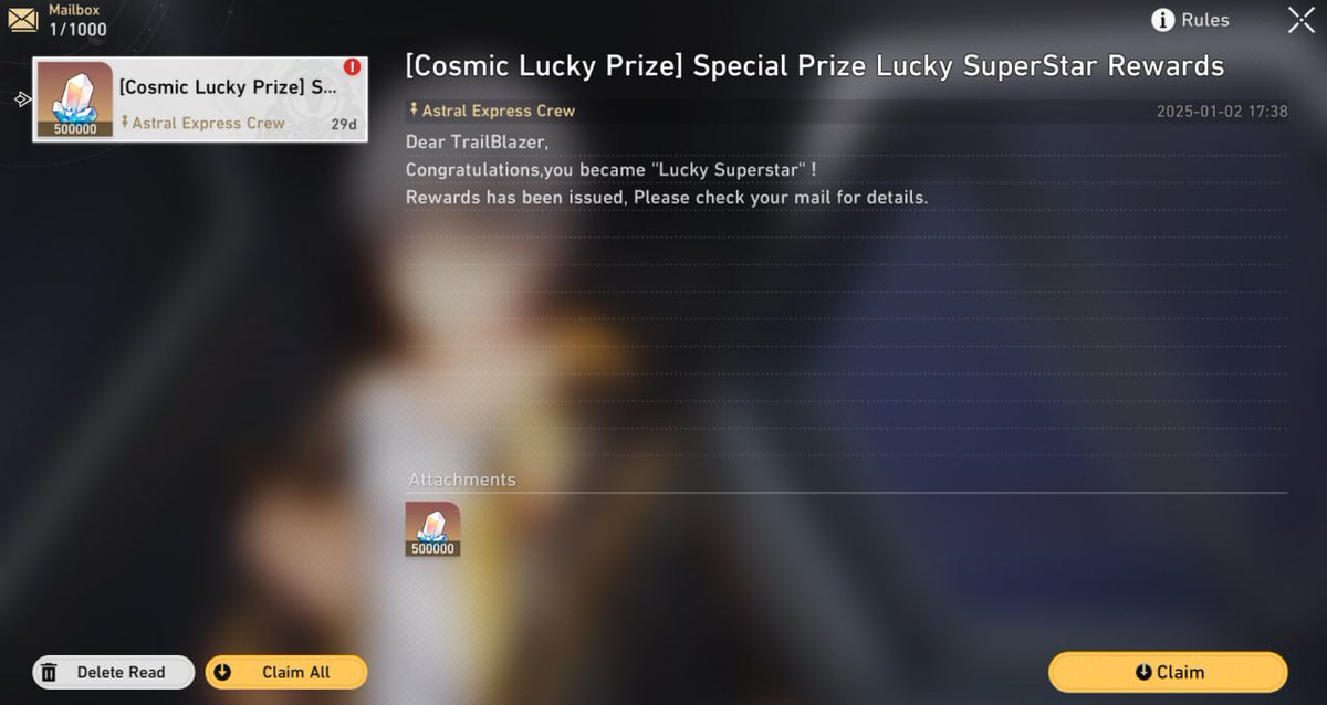 DqKeita's tweet image. Dale ♥️ y 🔁 para que mañana te llegue este correo después de apostar en el evento "Cosmic Lucky Prize":

#HonkaiStarRail #HSR #Gacha #Game