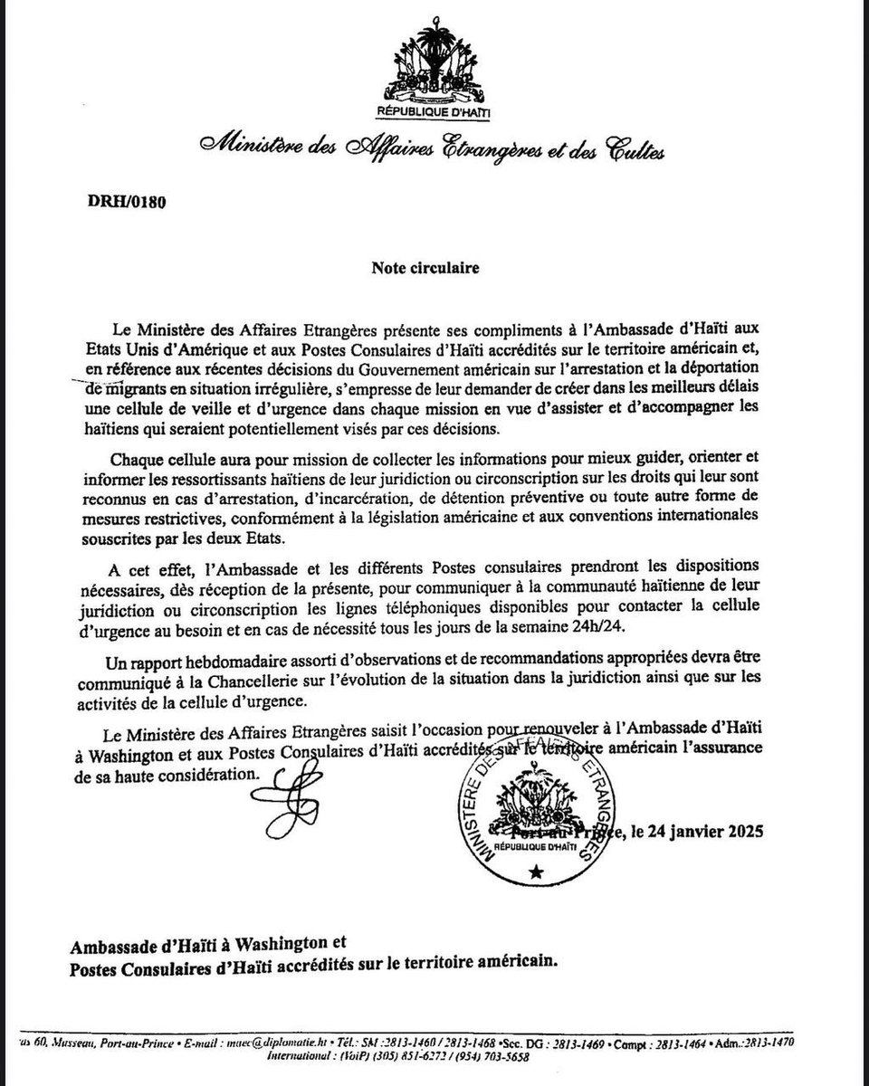 TeamInfoHT's tweet photo. Le 25 Janvier 2025, le @MAE_Haiti demande à l'ambassade d'Haïti aux Etats Unis d'Amérique et aux Postes Consulaires de prendre des mesures d'urgence pour accompagner les haïtiens qui seraient potentiellement visés par la décision de déportation du Gouvernement américain
#TeamInfo https://t.co/ADHjA27SAZ