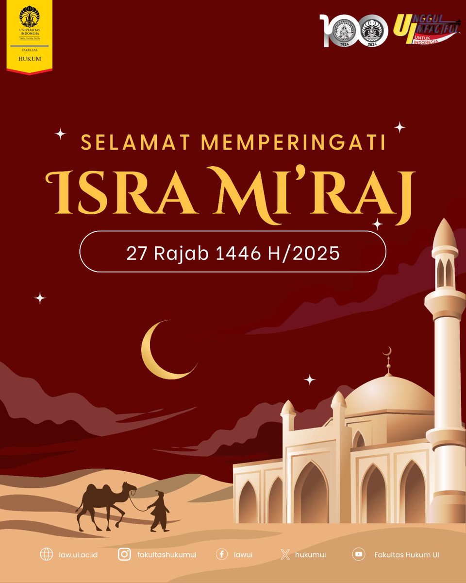 Pimpinan dan Segenap Sivitas Akademika Fakultas Hukum Universitas Indonesia mengucapkan Selamat Memperingati Isra Mi'raj 27 Rajab 1446 H. Mari kita peringati dengan penuh rasa syukur dan ketaatan. Semoga peringatan ini membawa kedamaian dan keberkahan dalam hidup kita.