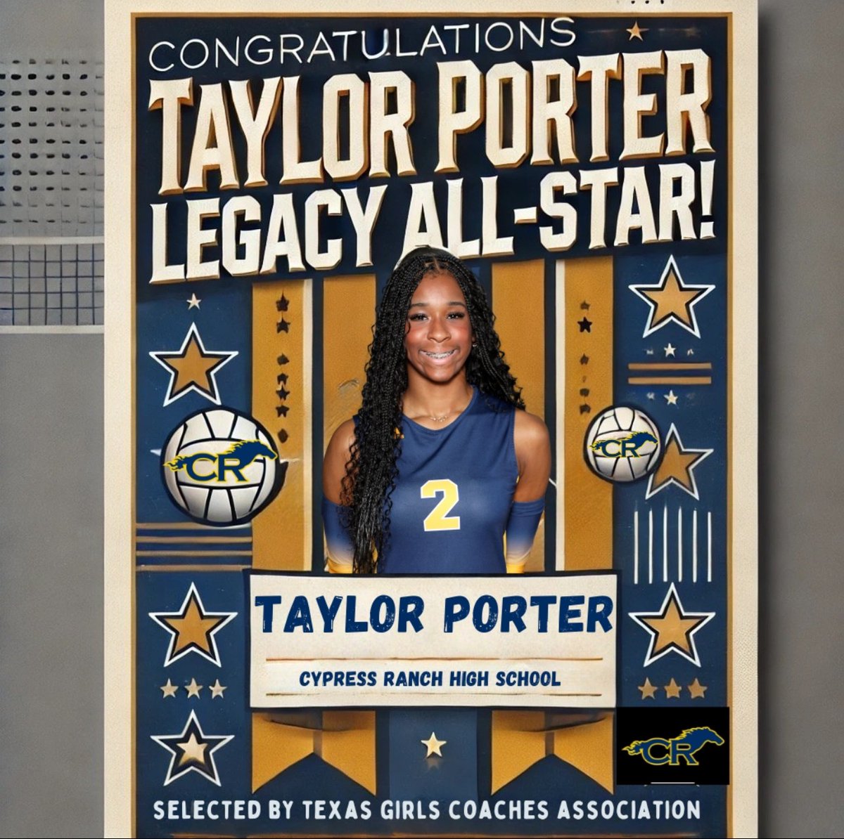 CyRanchVball's tweet image. We are so proud of this young lady! Ms. Taylor Porter has been recognized as a TGCA Legacy All-Star!
Congratulations, Taylor!