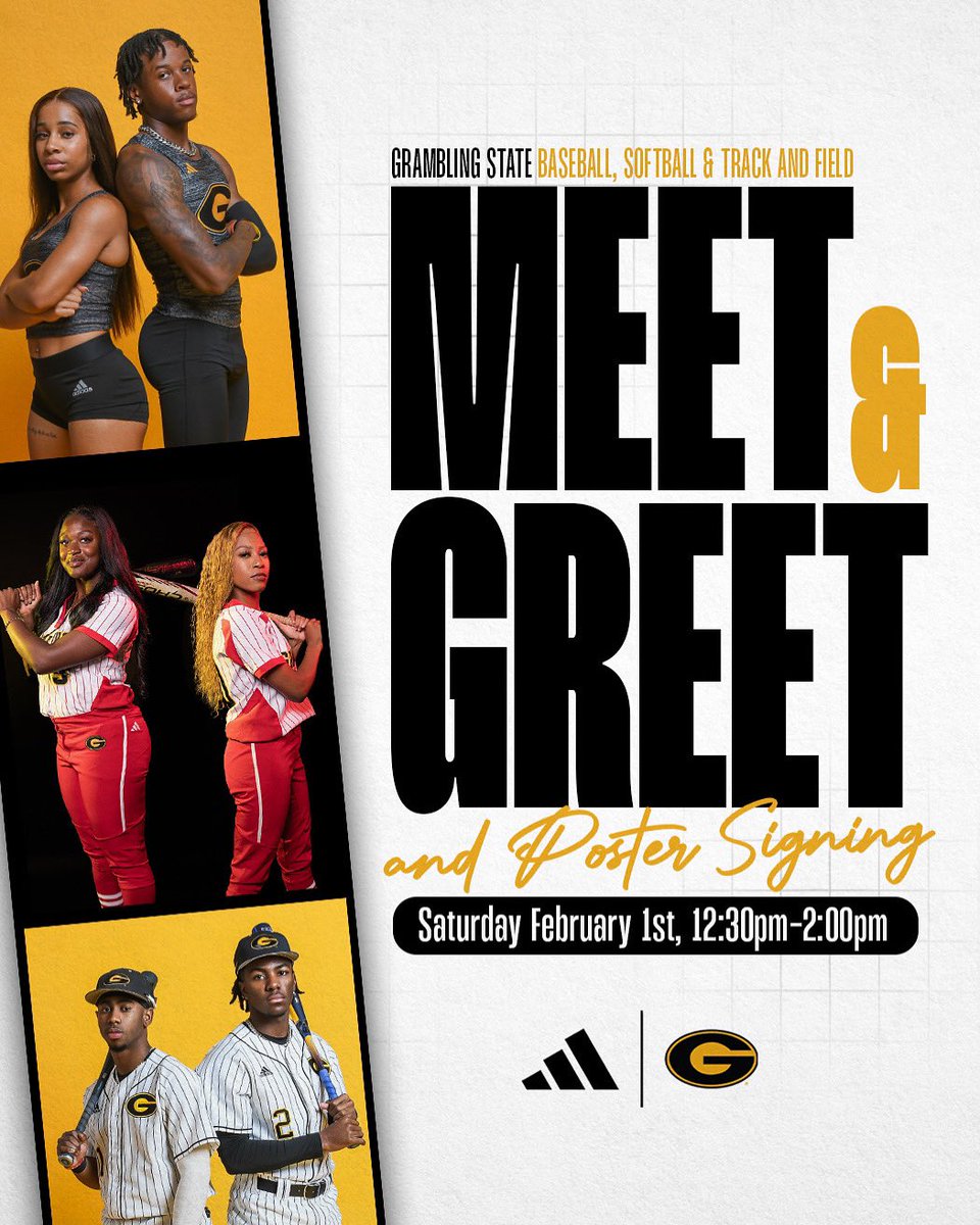 GSU_TIGERS's tweet photo. Meet the Grambling State Baseball, Softball, &amp; Track teams 2/1 from 12:30-2pm at Hobdy Arena. Grab a signed poster! Then stay for the Men’s &amp; Women’s Basketball games vs Jackson State—let’s bring that home court advantage! 🏀🔥 #ThisIsTheG #GramFam https://t.co/CgH4k5YAYr