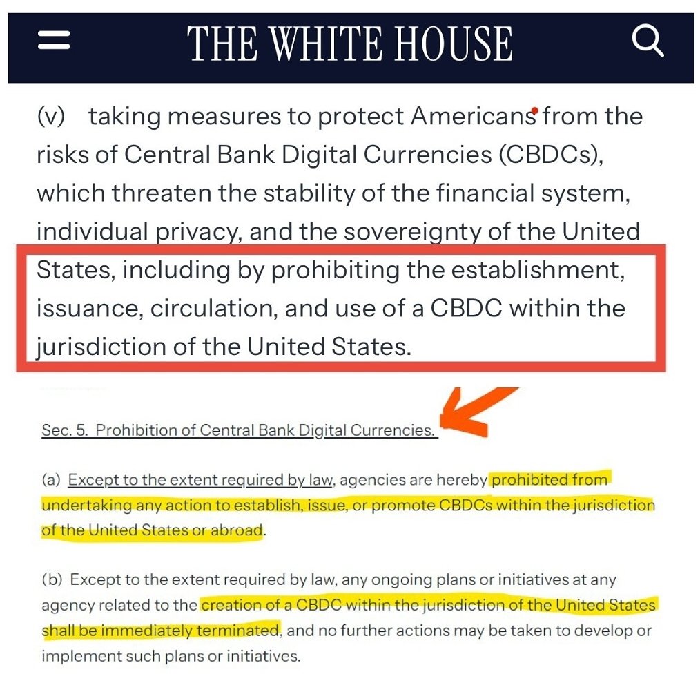 marcvidal's tweet photo. Donald Trump ha firmado una orden ejecutiva que prohíbe la creación y emisión de monedas digitales de bancos centrales #CBDC en Estados Unidos.

¡Chimpum! 

y el Euro Digital y tal y tal...

_
Sección 5. Prohibición de Monedas Digitales de Bancos Centrales:

(a) Excepto en la medida en que lo requiera la ley, se prohíbe a las agencias realizar cualquier acción para establecer, emitir o promover CBDCs dentro de la jurisdicción de los Estados Unidos o en el extranjero.

(b) Excepto en la medida en que lo requiera la ley, cualquier plan o iniciativa en curso en cualquier agencia relacionado con la creación de una CBDC dentro de la jurisdicción de los Estados Unidos deberá ser inmediatamente cancelado, y no podrán tomarse más acciones para desarrollar o implementar dichos planes o iniciativas.