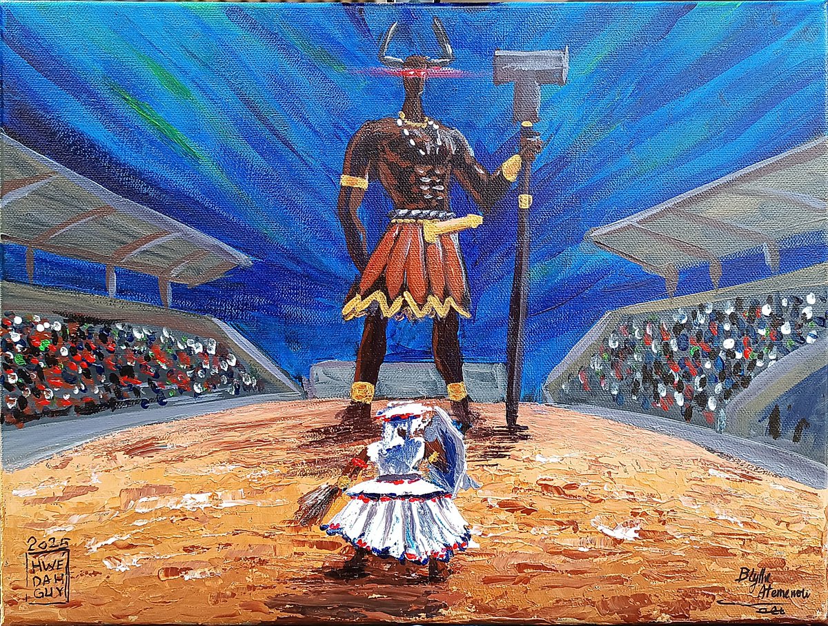 hwedahboy's tweet photo. Imaginez un festival culturel au cours duquel les dieux sont invités pour une bagarre celeste . 
LEGBA fait face à cette jeune Vodunsi plutôt particulière.
Sold to @sodog .🇧🇯💀👌🏾
Thanks you man for the support ❤️ https://t.co/pCmY0XwOYa