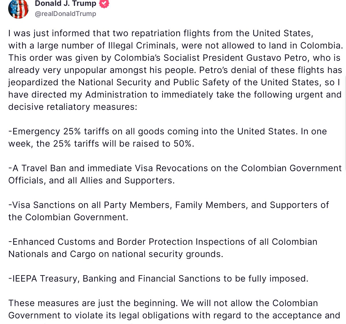 Ups...
Así las cosas entre #USA y #Colombia. 
truthsocial.com/@realDonaldTru…