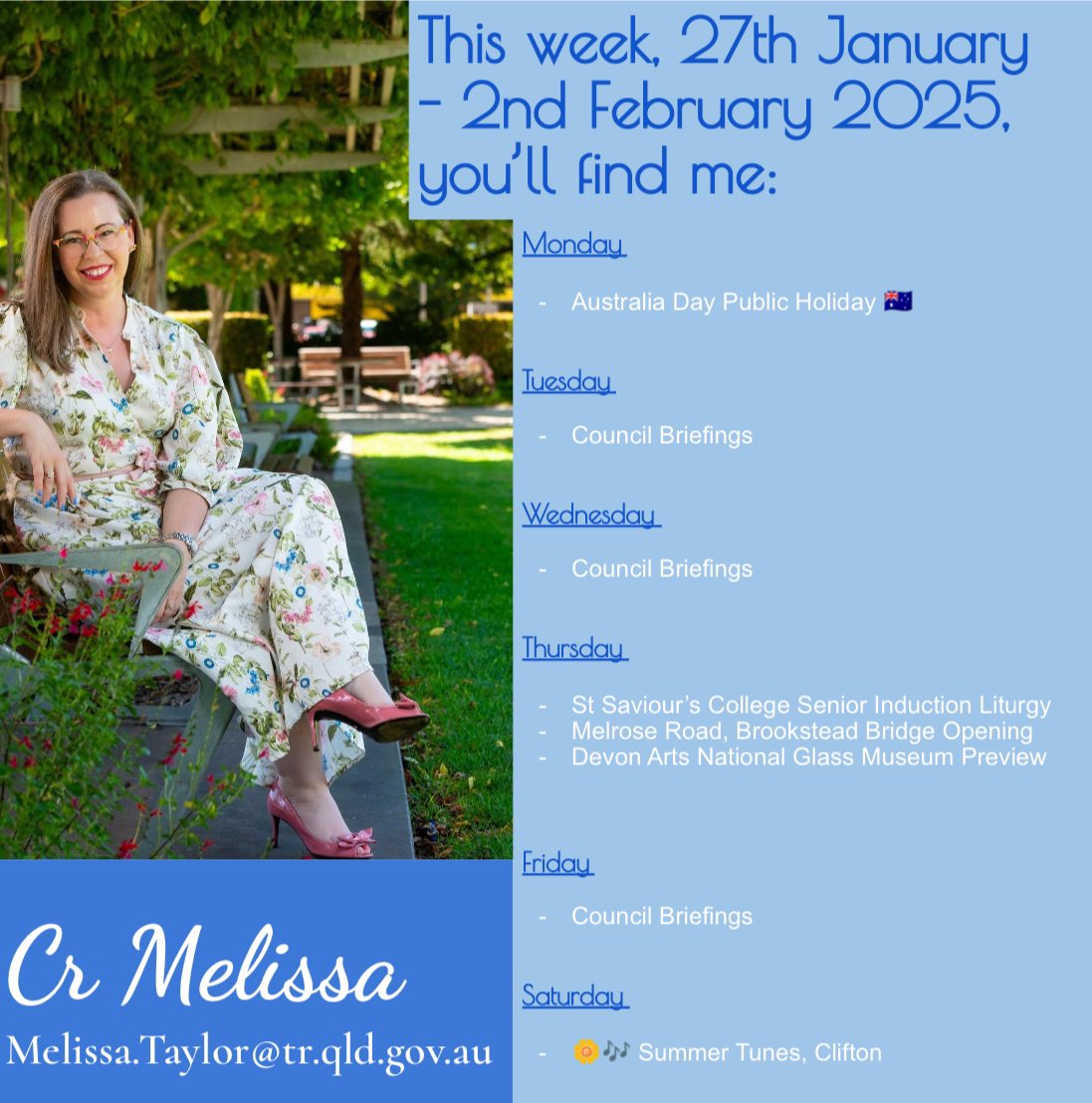 #whereyoullfindme 

👉🏻 councillormelissataylor.com

#StSavioursCollege #Brookstead #DevonArts #SummerTunes 
#toowoombaregion #morethanjustapostcode #adventuresinourregion #councillorlife #richtraditionsboldambitions  #whybeordinarywhenyoucanbeextraordinary