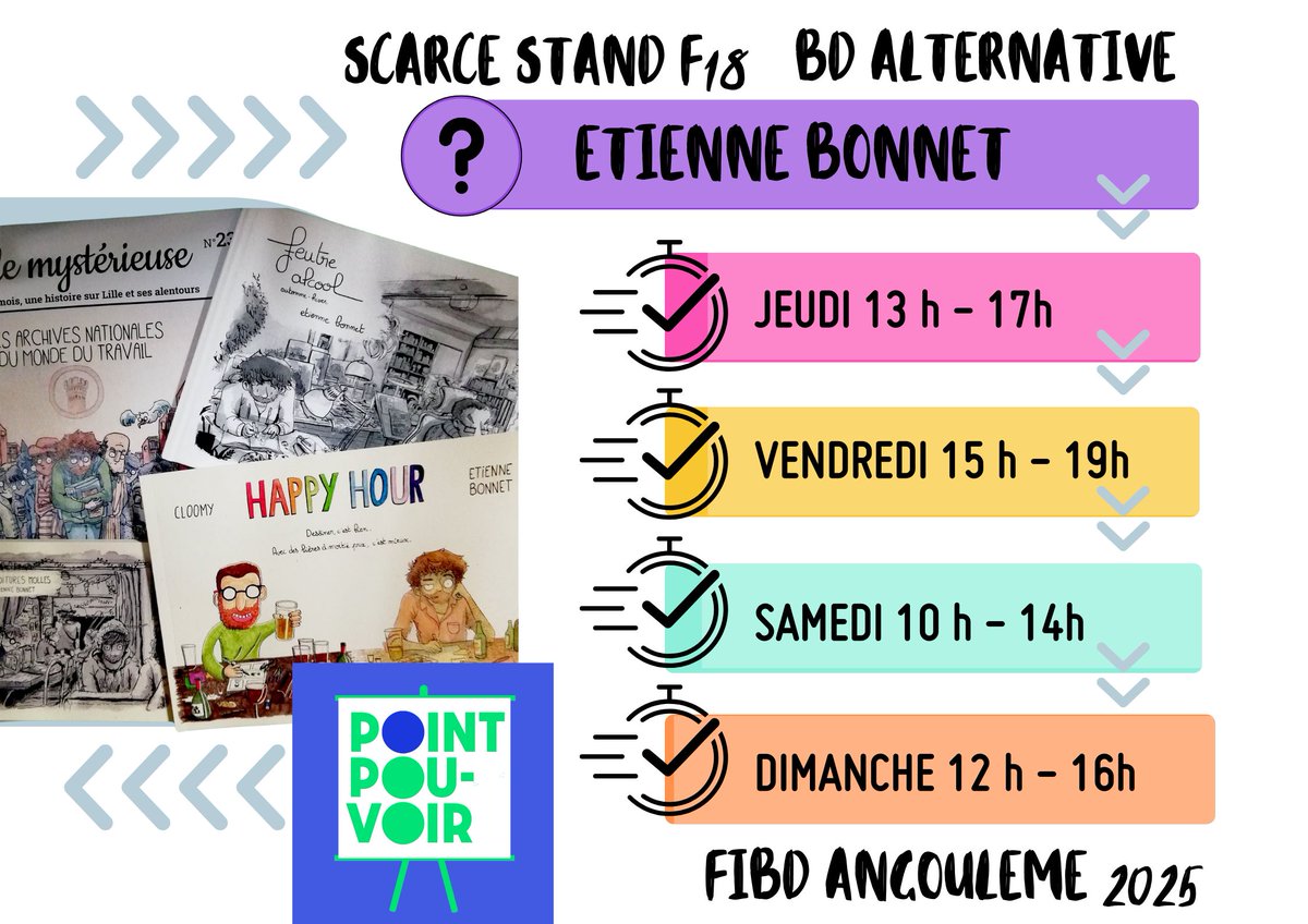 SCARCEXL's tweet image. Retrouvez-nous pendant les 4 jours du festival d'angoulême au stand F18 dans la bulle alternative.
Les 4 artistes suivants dédicaceront à notre stand: