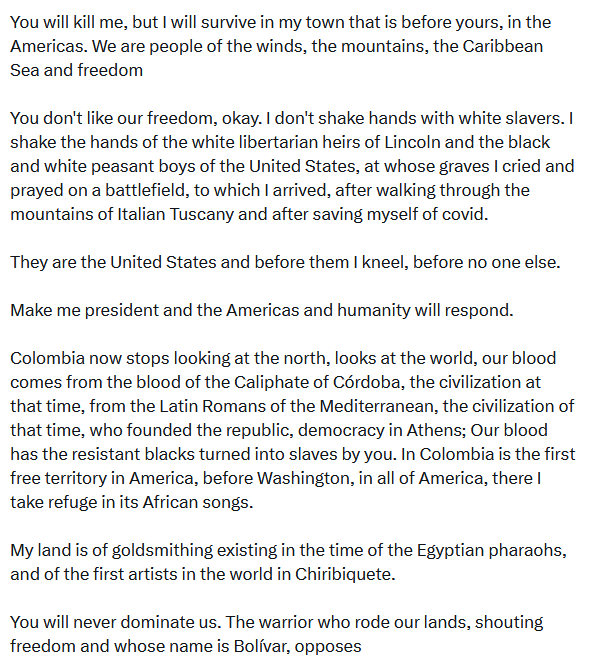 PopulismUpdates's tweet photo. Colombia's president posted this in response to Trump

(auto-translated from Spanish) https://t.co/bkXtR5JBcQ
