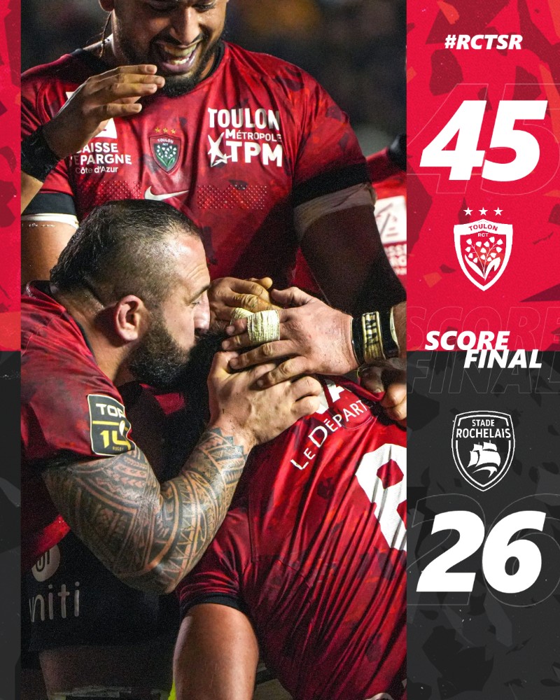 [⏱80'] 45-26
𝐋𝐄 𝐁𝐎𝐍𝐔𝐒 𝐎𝐅𝐅𝐄𝐍𝐒𝐈𝐅 🖐️

Nos Rouge &amp; Noir terminent ce deuxième bloc avec une victoire bonifiée face au Stade Rochelais 🔥

#ParceQueToulon #RCTSR