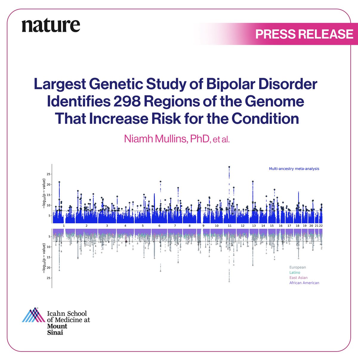 Friedman Brain Institute (@sinaibrain) on Twitter photo .<a href="/NiamhAMullins/">Niamh Mullins</a>, et al have identified 298 genetic regions linked to #bipolardisorder. Groundbreaking study spanned diverse ancestries & revealed 36 key genes-paving way for innovative tmts, new drug targets, & precision medicine approaches. Full study👉mshs.co/3CherMq .<a href="/NiamhAMullins/">Niamh Mullins</a>, et al have identified 298 genetic regions linked to #bipolardisorder. Groundbreaking study spanned diverse ancestries & revealed 36 key genes-paving way for innovative tmts, new drug targets, & precision medicine approaches. Full study👉mshs.co/3CherMq
