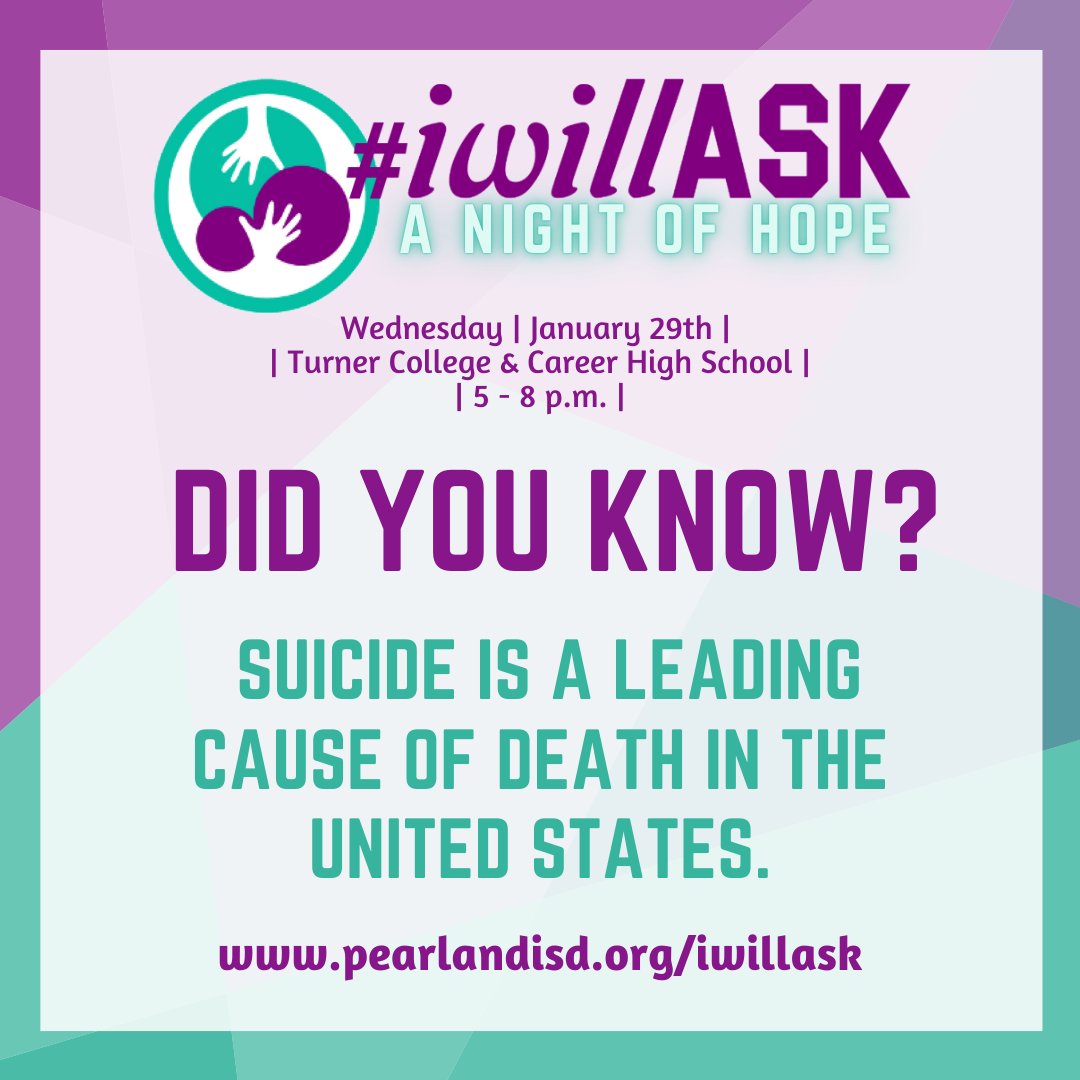 PearlandISD's tweet photo. Join us Wednesday, Jan. 29th, 5-8 p.m. at Turner High School for #iwillASK event! π Raise awareness for suicide prevention, mental health & well-being. Sensory activities, expert talks, discussions & giveaways! For more info.: https://t.co/jcxHzudnHW
π§ π #BuildPearlandProud https://t.co/owyk2a52KO