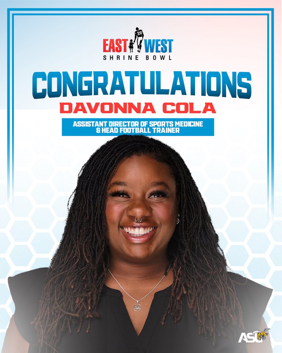BamaStateSports's tweet photo. Congratulations to DaVonna Cola for being selected to be a part of the sports medicine staff at the 2025 East West Shrine Bowl !

#SWARMAS1 https://t.co/Dhta0ct2DX