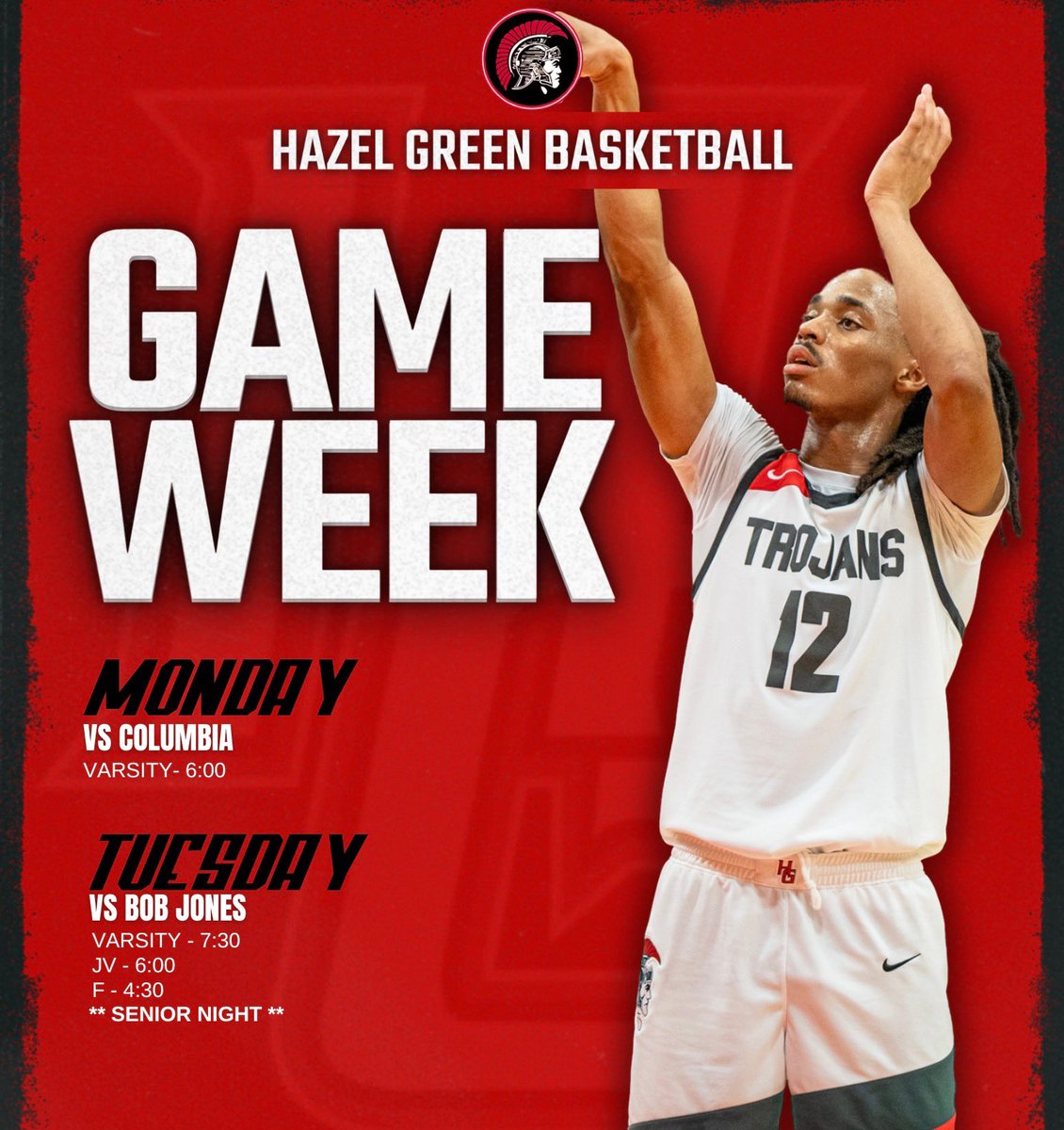 Hazel Green Boys Basketball (@hghsboysbball) on Twitter photo 🚨BIG WEEK🚨
Tomorrow we’re at Columbia for our final area game of the regular season. A win & we claim a share of the Area 16 Regular Season Title. 
Tuesday we host Bob Jones for Senior Night!
Saturday - Area Tournament begins for us! All further info TBD. 🚨BIG WEEK🚨
Tomorrow we’re at Columbia for our final area game of the regular season. A win & we claim a share of the Area 16 Regular Season Title. 
Tuesday we host Bob Jones for Senior Night!
Saturday - Area Tournament begins for us! All further info TBD.