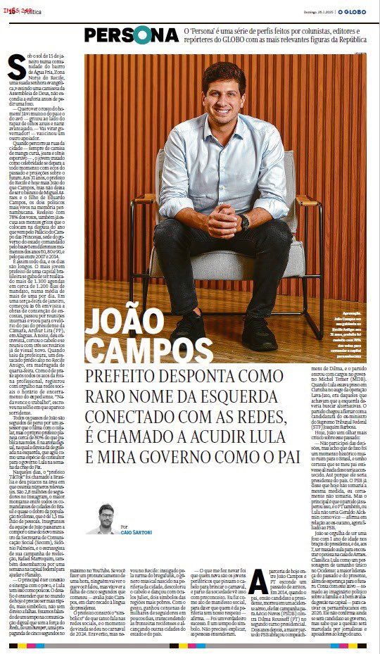 geraldoalckmin's tweet photo. O prefeito @JoaoCampos concedeu uma ótima entrevista ao jornal O Globo, neste domingo. Ele desponta como protagonista de uma nova geração de políticos que, ao contrário daqueles que escolhem  o caminho da mentira, mantêm-se no rumo da verdade, promovem o debate democrático e respeitoso, e trabalham com espírito público para melhorar a vida das pessoas.