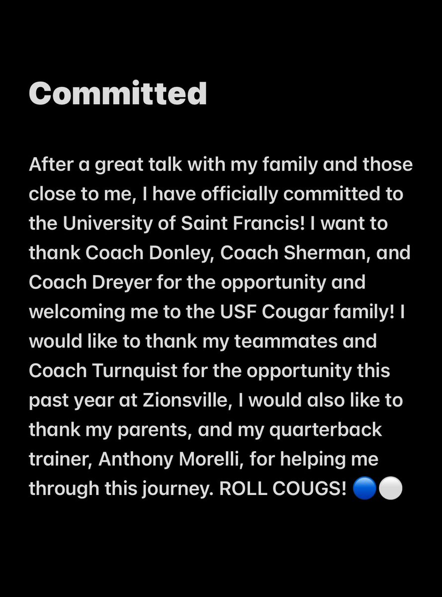 100% Committed 
<a href="/usf_fb/">USF Football</a> <a href="/CoachDonleyUSF/">Kevin Donley</a> <a href="/USF_Sherman/">Adam Sherman</a> <a href="/CoachDreyer64/">Austin Dreyer</a> <a href="/CoachTurnquist/">Scott</a> <a href="/ZionsvilleFB/">Zionsville Football</a> <a href="/xfactorQB/">Anthony Morelli: X-Factor QB Academy</a> <a href="/IndyWeOutHere/">IndyWeOutHere ‼️</a>
