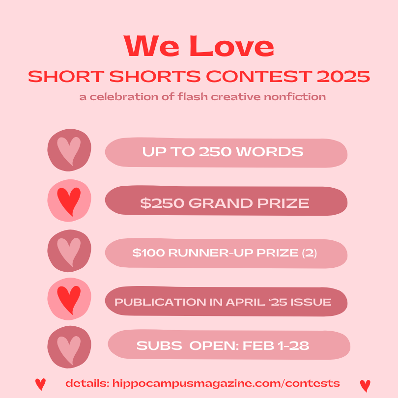 hippocampusmag's tweet photo. Our We Love Short Shorts Contest for #FlashCNF returns for 2025. Basics: No theme/up to 250 wds/$250 grand prize/$100 to two runners-up; all 3 will be published in April.
Full guidelines, submissions tips, and links to last year's winners: https://t.co/ntqPgUVAk3 https://t.co/AkQI1SMCSh