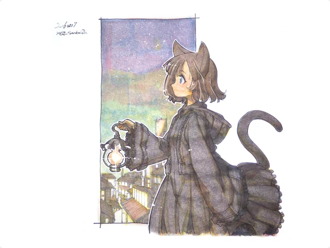 クロッキー帳に描いてた時代の四枚。狐、鷹、フクロウ、猫です。#水彩 #原画 #狐娘 #猫の子 #擬人化 