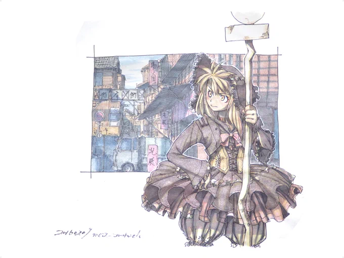 クロッキー帳に描いてた時代の四枚。狐、鷹、フクロウ、猫です。#水彩 #原画 #狐娘 #猫の子 #擬人化 