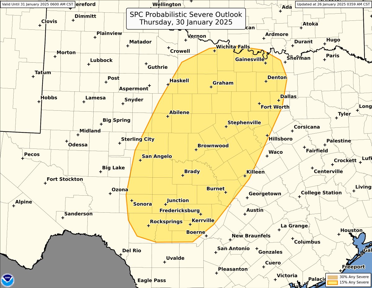 Severe weather chances are expected to increase next week ahead of a storm system moving over the southern Plains. Severe storms with the potential for large hail and damaging winds are possible Wed/Thur Jan 29/30th. see spc.noaa.gov for more forecast information.