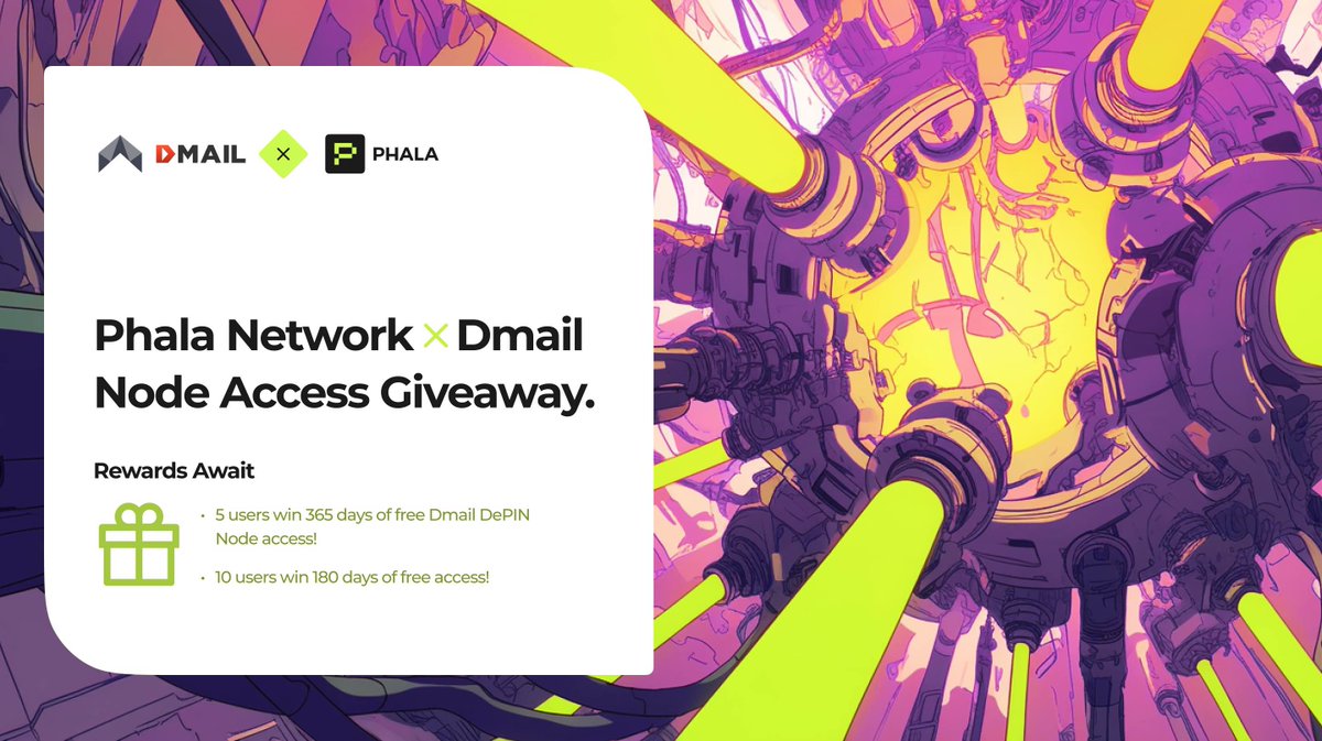 Phala is co-hosting a special giveaway with @DmailOfficial! Winners will have a chance to win the Dmail Node access.

Rewards:
🏆 5 users win 365 days of free DePIN Node access!
🏆 10 users win 180 days of free access!

👉 How to Join:
1️⃣ Follow @DmailOfficial &amp; <a href="/PhalaNetwork/">Phala</a>
2️⃣
