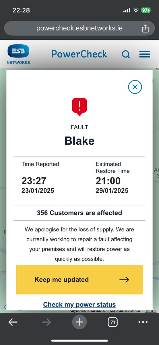 dianemw80's tweet photo. @ESBNetworks Is this a joke!! Leaving people in the freezing cold I understand they’re busy but a couple of days should be the most without power 🤷🏻‍♀️ https://t.co/b4X4WCyfrQ