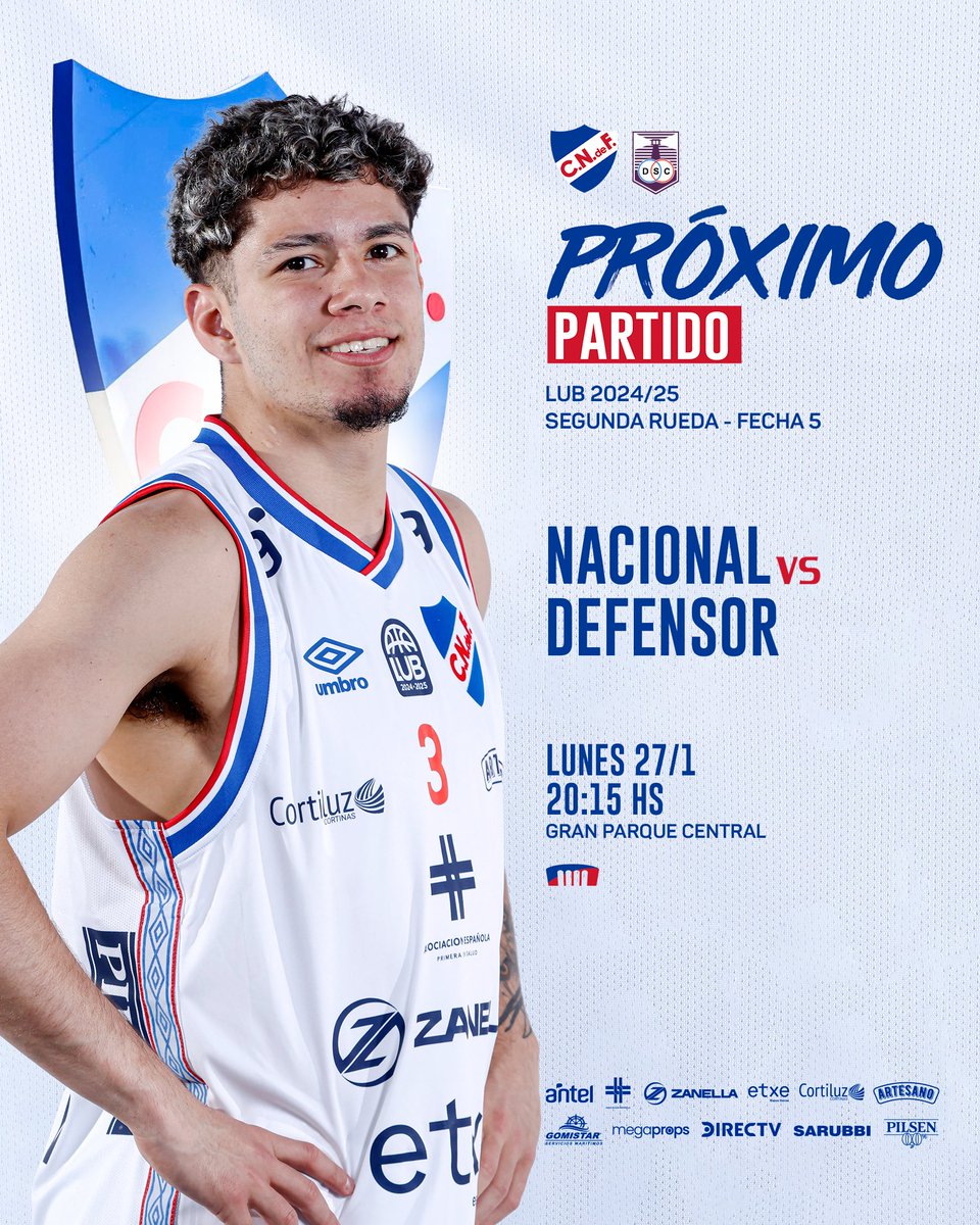 CNdeFbasketball's tweet photo. ¡Próximo partido!💪🏻

🆚 Defensor Sporting
📍 Gran Parque Central
🗓️ 27/1
🕛 20:15hs.
🎟 https://t.co/qhuo5IgJio

#MismoEscudoMismaPasión https://t.co/MUPoqQtcki