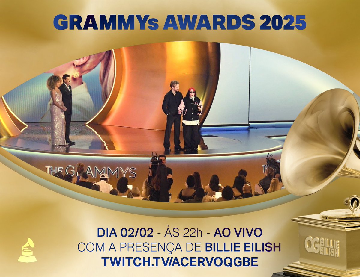 Estamos a uma semana de distância do #GRAMMYs2025 , que acontecerá no dia 02/02 às 22h(🇧🇷).

Billie Eilish se apresentará e está indicada em 7 categorias. 💙

Como de costume, transmitiremos TUDO na nossa Twitch, link abaixo. Mais informações em breve. 👀
