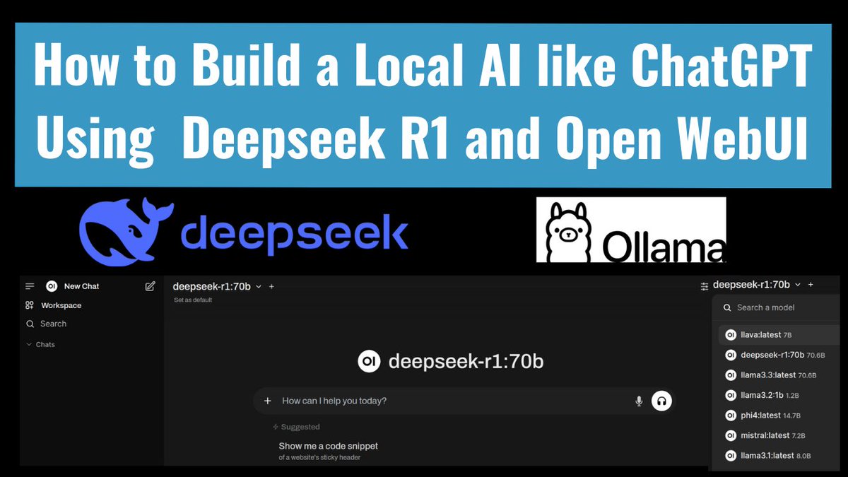 giswqs's tweet photo. 🚀 Just dropped a new tutorial: Learn how to build a Local AI like ChatGPT using Deepseek R1 and Open WebUI! 🖥️ Enjoy complete control over your local AI while keeping your data private and secure.

🔥 DeepSeek-R1 is a new free and open-source LLM that achieves performance comparable to OpenAI-o1 across math, code, and reasoning tasks.

🎥 Watch now: https://t.co/IEri9FRClg

🔗 Tools used:
• Deepseek: https://t.co/TPq6h4XoZW
• Ollama: https://t.co/csBJC3dsyA
• Open WebUI: https://t.co/JZH6Ewaywm

#AI #DeepseekR1 #LocalAI #Ollama