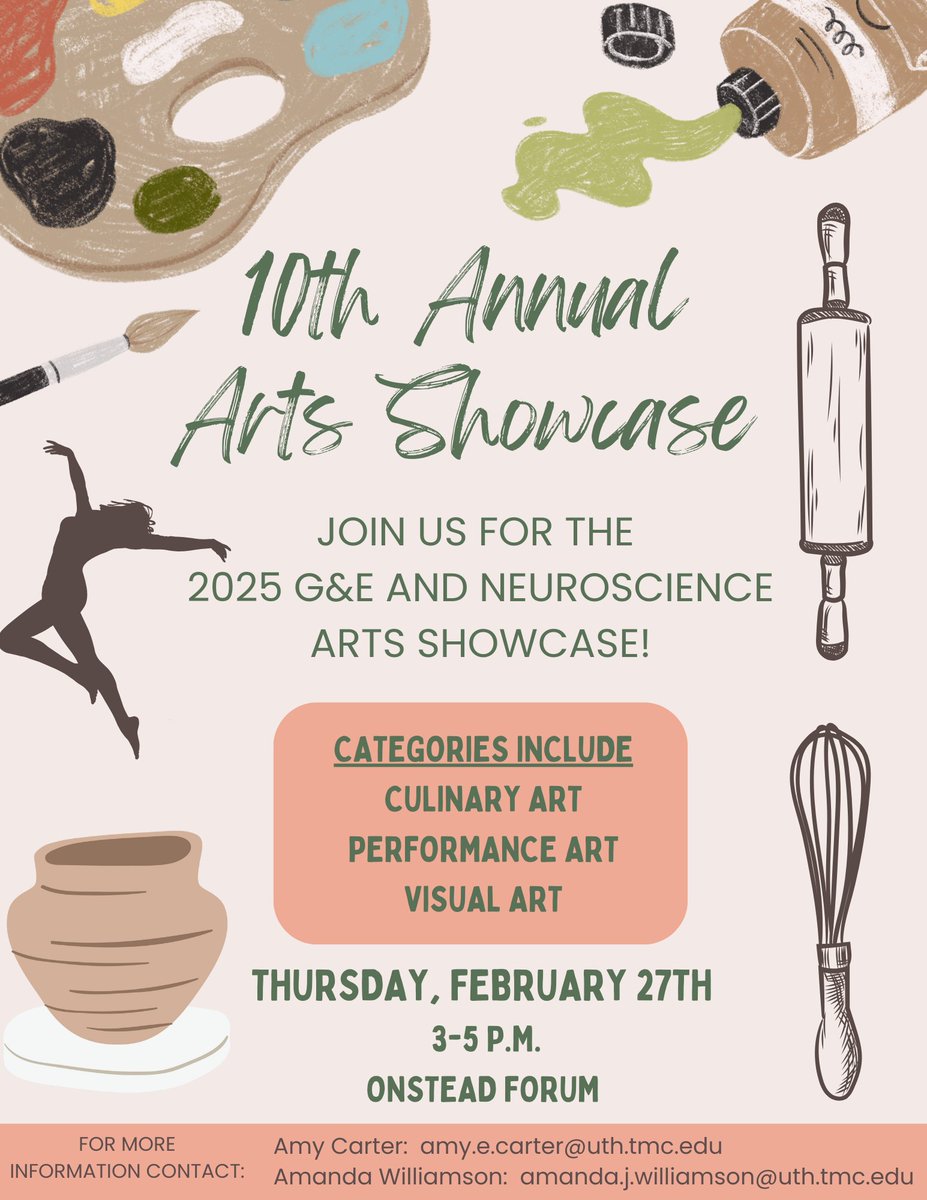 UTGSBSGnE's tweet photo. @UTGSBSGnE and @NeuroMDAUTH are hosting the 10th Annual #ArtsShowcase on Thur, Feb 27th. If you are in a G&amp;E or Neuroscience program lab, you’re invited to perform or exhibit. The deadline to register is Feb 7th. #visualarts #performancearts #culinaryarts @MDA_UTHGrad https://t.co/phnX6C6k4z