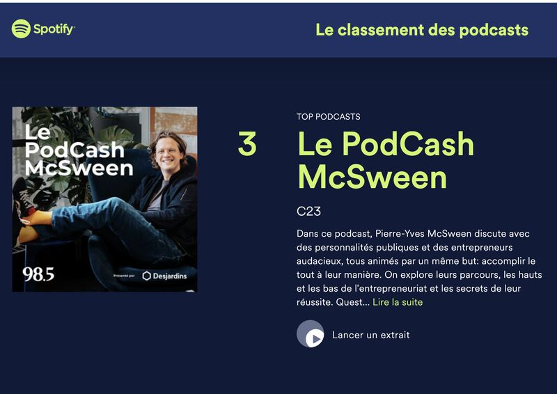 Une semaine haute en performance! 🚀 Après seulement 7 jours et 2 épisodes offerts, le PodCash de Pierre-Yves McSween, MBA, FCPA auditeur se retrouve à la troisième position du palmarès canadien de Spotify et à la quatrième position sur Apple Balados📱