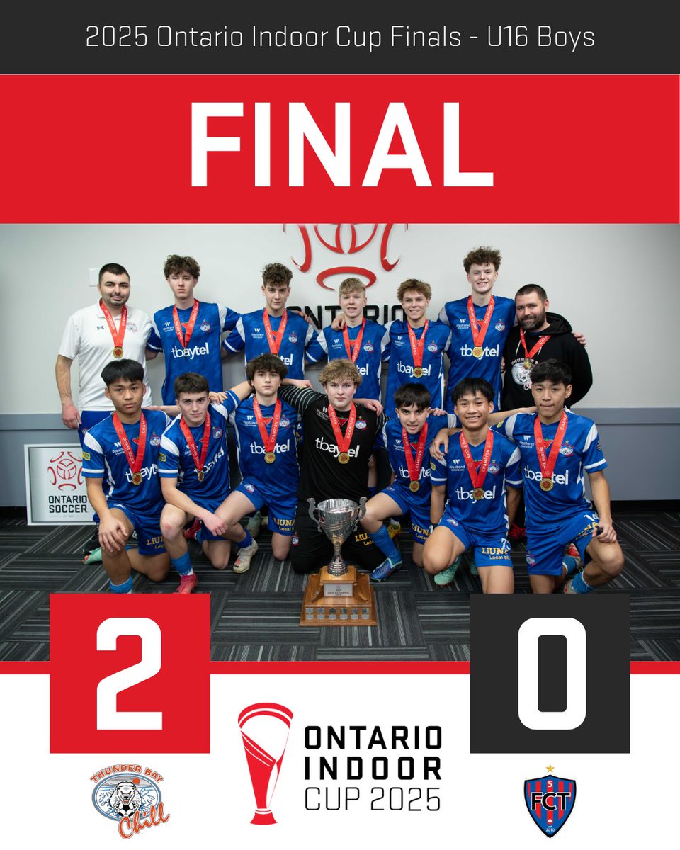 🏆 <a href="/ThunderBayChill/">Thunder Bay Chill</a> are your 2025 Ontario Indoor Cup U16 Boys Champions! 🏆

🔥 Hats off to <a href="/FCToronto_/">Futsal Club Toronto</a> for a thrilling final and giving it their all on the pitch.

📸 Don’t miss the recap and highlights: ontariosoccer.net/news_article/s…

#OntarioIndoorCup #PlayInspireUnite