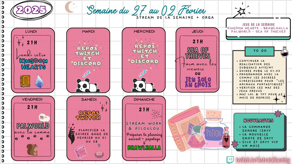 ✨ PLANNING DE LA SEMAINE ✨
Cette semaine on relance un #stream #Palworld comme promis dans les subgoals, le retour des "Lundi Retro" avec KH et un peu de piraterie sur #SeaOfThieves !!! Sans oublié beaucoup de blabla  et de fun avec la commu😁

🔴twitch.tv/AstraiaGaming