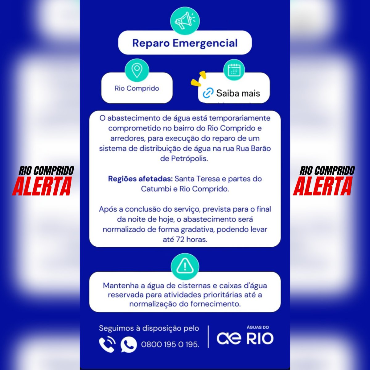 RCAlerta's tweet image. #Atenção ⚠️

Águas do Rio informa sobre problemas no abastecimento de água na região devido a reparo.

#RioCompridoAlertaVerão