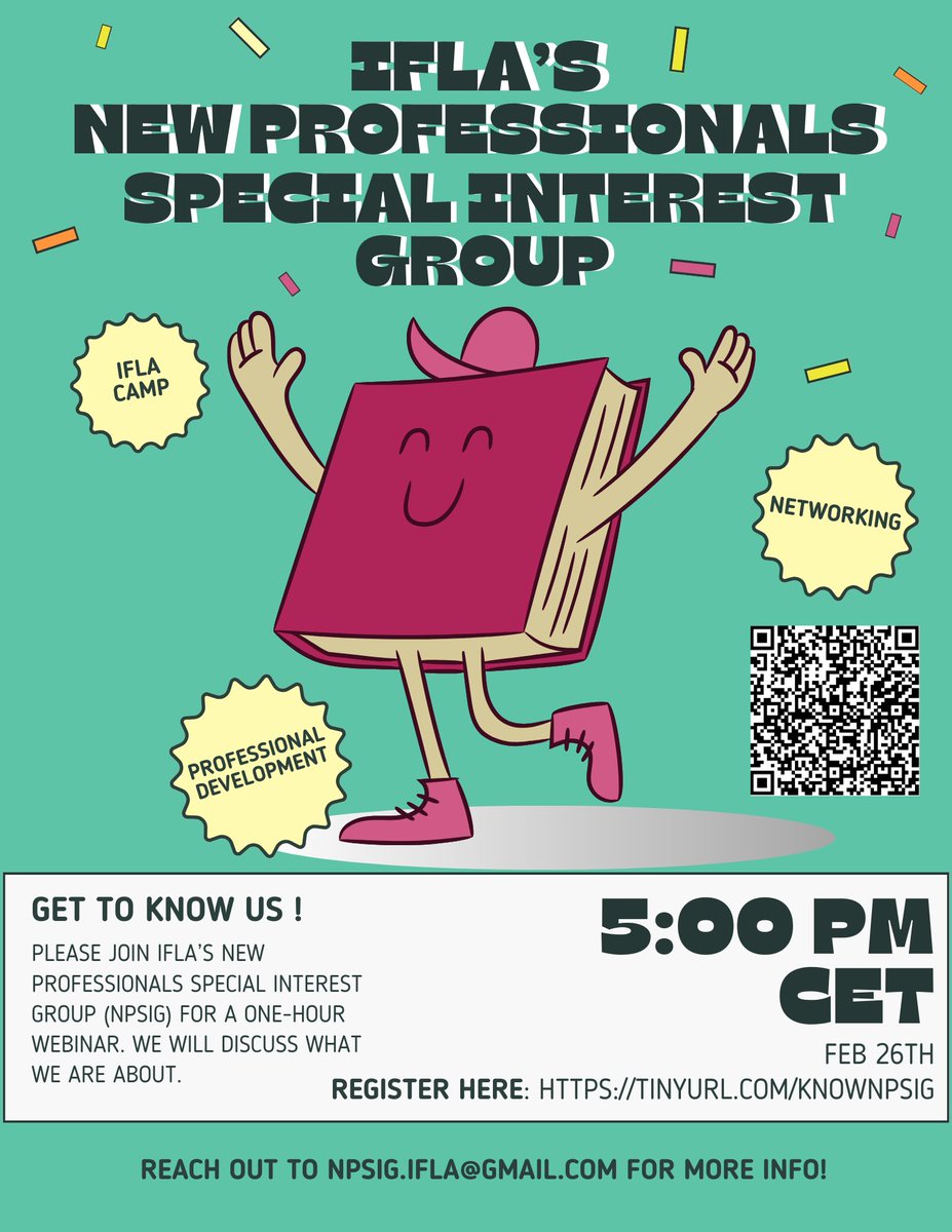 Are you interested in getting involved with IFLA? New Professionals SIG is the best place to start. Come to our "Get to Know NPSIG" meeting, where you can learn about what we do, ask questions, and chat with us online.
Feb 26, 2025
5 pm CET
register here: tinyurl.com/knownpsig