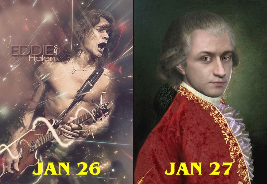 arnieontheweb's tweet photo. From: https://t.co/f38scSDVVL
♫ MUSIC IDOL BIRTHDAYS ♫
January 26, 1955 ~ Edward Van Halen
► https://t.co/GfRtowPzSk ♪♫♪ playlist
January 27, 1756 ~ Wolfgang Mozart
► https://t.co/A71qQNUnCW ♪♫♪ playlist(s)

#EVH #Mozart #musicianbirthdays https://t.co/PEH73srRdu