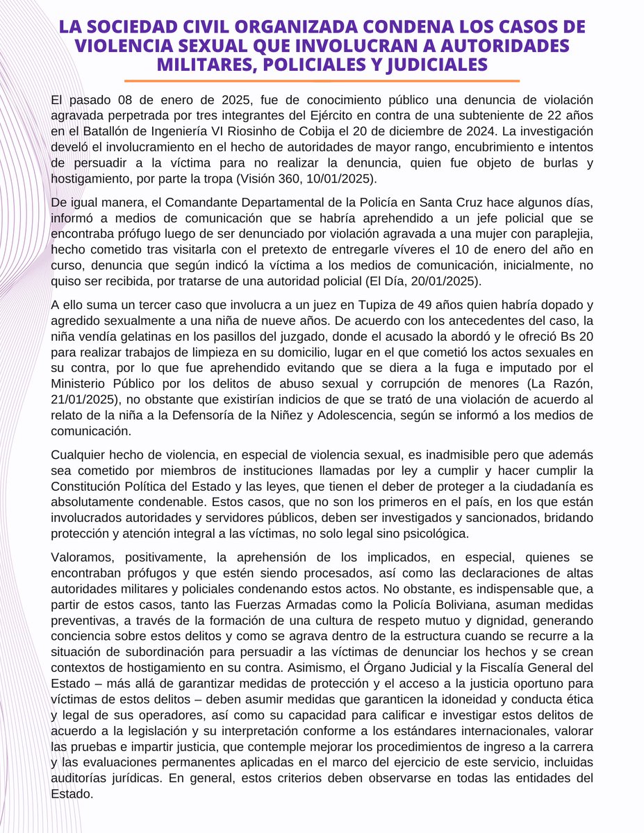 Comunidad_DDHH's tweet photo. LA SOCIEDAD CIVIL ORGANIZADA CONDENA LOS CASOS DE VIOLENCIA SEXUAL QUE INVOLUCRAN A AUTORIDADES MILITARES, POLICIALES Y JUDICIALES
¡Nos mantendremos vigilantes! 
#JusticiaParaLasVíctimas https://t.co/JgrhejbLYu
