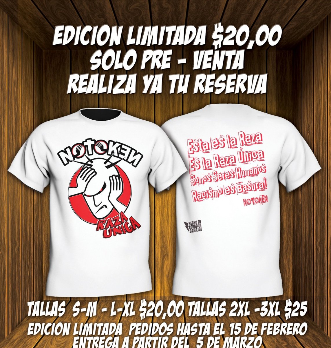 Nueva línea "Clásicas" camisetas que nunca salieron y otras que vuelven renovadas primer lanzamiento... "RAZA ÚNICA" disponible en color negro y blanco pedidos hasta el 15 de febrero para más detalles comunicarse vía WS a los números : 0989082508 / 0978748526 / 0982707225