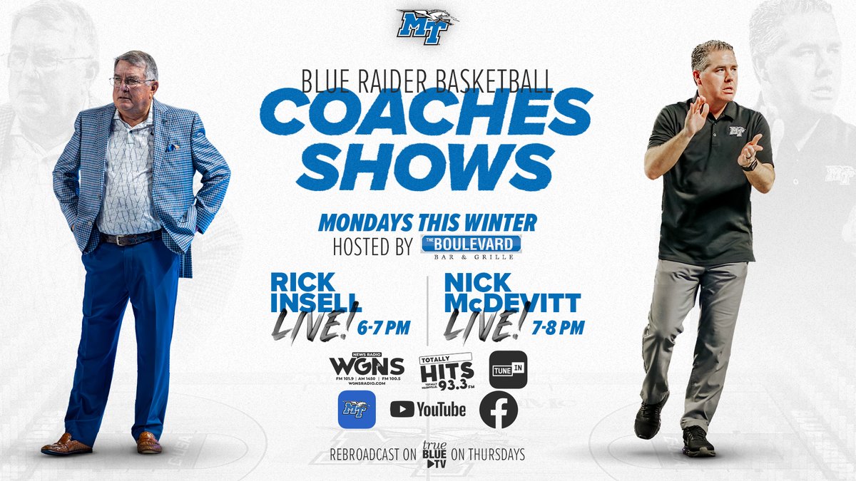 Join us tomorrow night at The Boulevard for <a href="/CoachInsell/">Rick Insell</a> LIVE and <a href="/MTCoachNick/">Nick McDevitt</a> LIVE! 🎙️🏀

Both <a href="/MT_WBB/">Middle Tennessee Women's Basketball</a> and <a href="/MT_MBB/">Middle Tennessee Men's Basketball</a> are tied for first place in <a href="/ConferenceUSA/">Conference USA</a> with games against New Mexico State and UTEP coming this week!

#BLUEnited