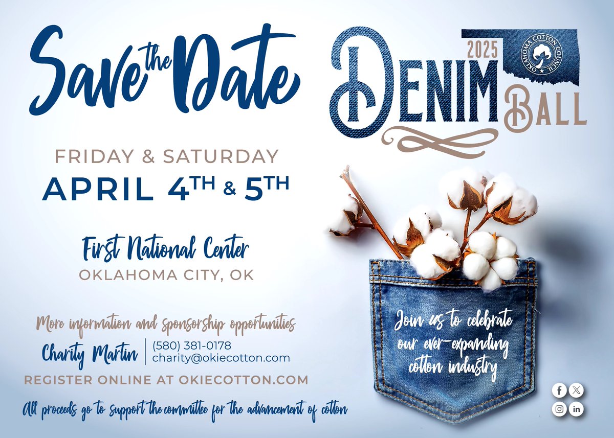 🌱 - Save The Date - 🌱

Join us to celebrate the cotton industry at the upcoming Denim Ball! 

🗓️ - April 4th &amp; 5th
📍 - First National Center - 120 N. Robinson

For more information and sponsorship opportunities, please contact Charity Martin at: 

📞 - (580) 381-0178
📧 - ...