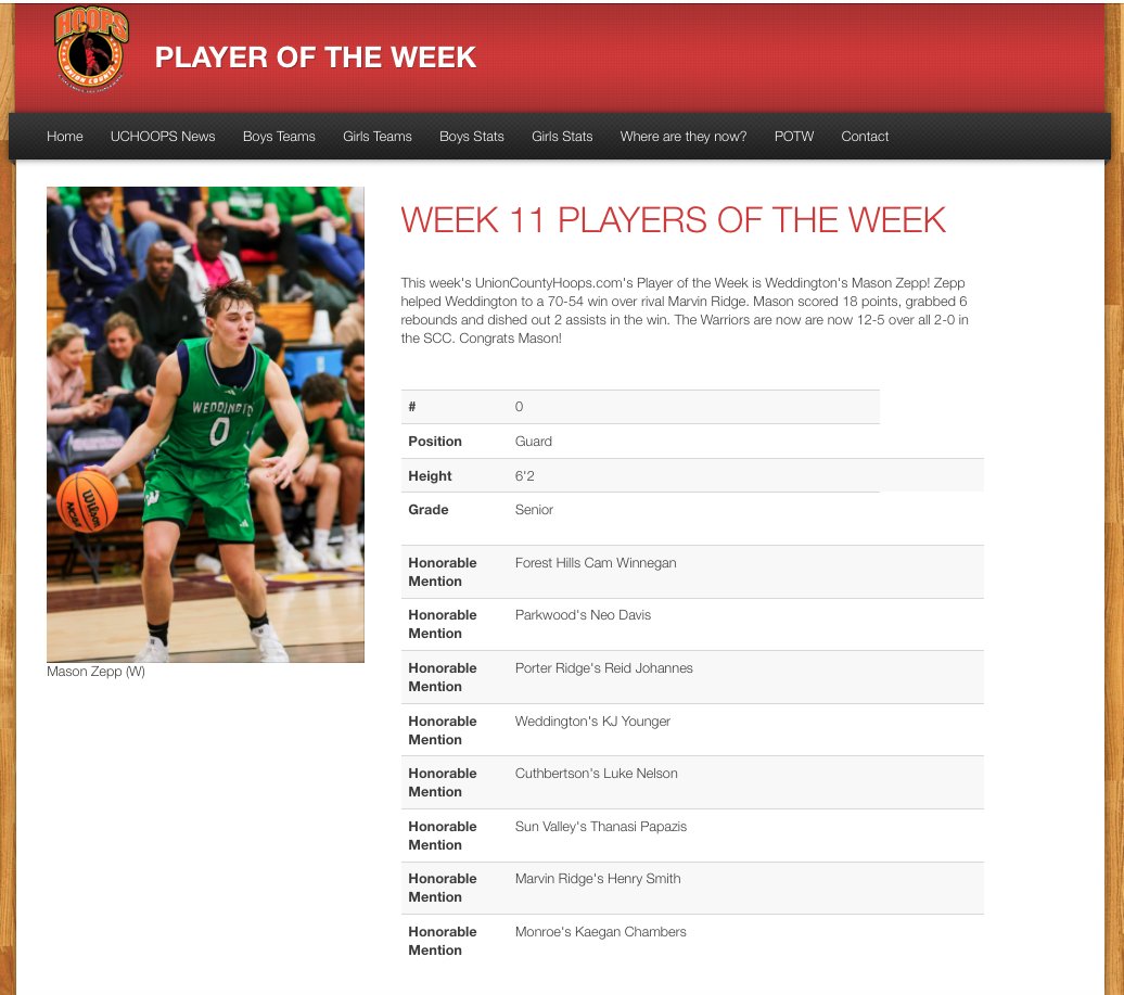 Union County Hoops, Football, Baseball & Softball (@uchoops) on Twitter photo The UCHoops Boys Player of the Week for Week 11 is Weddington's Mason Zepp!
<a href="/WHSwarriors/">Weddington Athletics</a> <a href="/mgelling4977/">Gary Ellington</a> <a href="/JeremyHFord/">Jeremy Ford</a> <a href="/dubboysbball/">Weddington Warriors Boys Basketball</a> <a href="/ZeppMason/">Mason Zepp</a>
UnionCountyHoops.com The UCHoops Boys Player of the Week for Week 11 is Weddington's Mason Zepp!
<a href="/WHSwarriors/">Weddington Athletics</a> <a href="/mgelling4977/">Gary Ellington</a> <a href="/JeremyHFord/">Jeremy Ford</a> <a href="/dubboysbball/">Weddington Warriors Boys Basketball</a> <a href="/ZeppMason/">Mason Zepp</a>
UnionCountyHoops.com