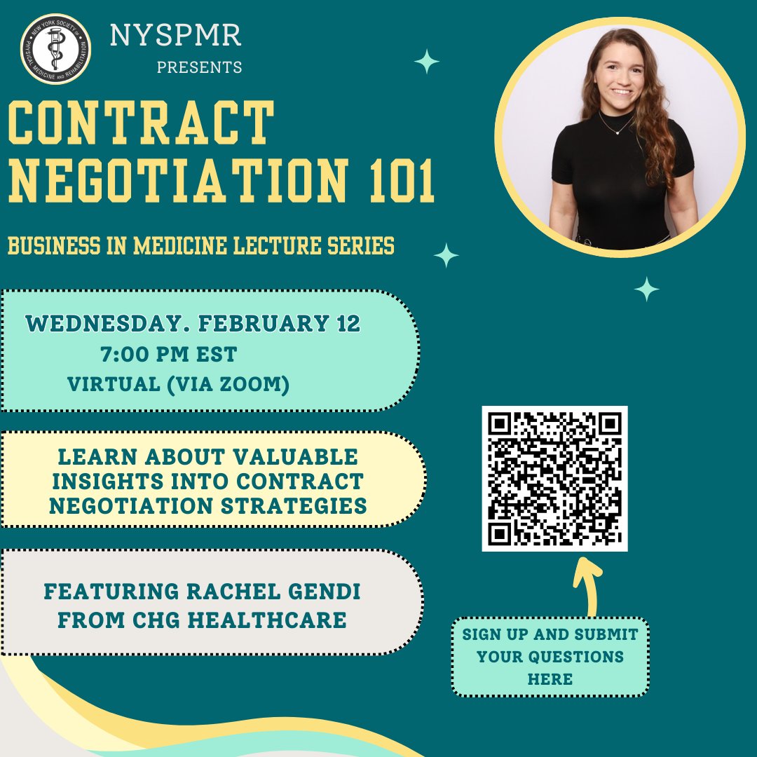 NYSPMR (@nyspmr) on Twitter photo Our next business in medicine lecture will take place on Wed Feb 12 7pm via zoom. Guest speaker Rachel Gendi from <a href="/CHGHealthcare/">CHG Healthcare</a> will discuss contract negotiations. Link to sign up in our profile or visit nyspmr.org #nyspmrevents #pmr #physiatry #pmrresidency Our next business in medicine lecture will take place on Wed Feb 12 7pm via zoom. Guest speaker Rachel Gendi from <a href="/CHGHealthcare/">CHG Healthcare</a> will discuss contract negotiations. Link to sign up in our profile or visit nyspmr.org #nyspmrevents #pmr #physiatry #pmrresidency