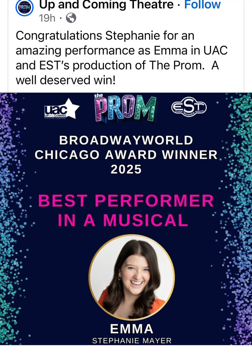 Congratulations to Stephanie Mayer <a href="/stephhhmayerrr/">stephanie mayer</a> (WHS Alum) for winning the BroadwayWorld Chicago “Best Performer in a Musical” for her performance as Emma in The PROM.  That you all for your support and votes! <a href="/WHS_FineArts/">Wheeling Fine Arts</a> <a href="/d214finearts/">d214finearts</a> <a href="/Wheeling_Cats/">Wheeling High School</a>